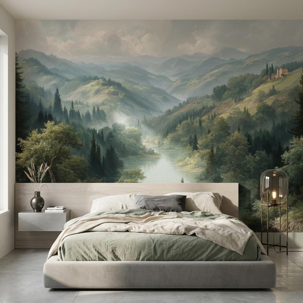 Vintage Mountain Landscape Wall Mural, Misty Forest River Wallpaper, Peel and Stick Nature Scenery-WP0221