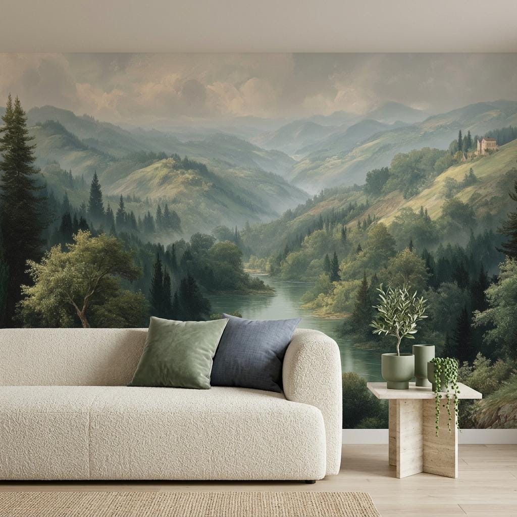 Vintage Mountain Landscape Wall Mural, Misty Forest River Wallpaper, Peel and Stick Nature Scenery-WP0221