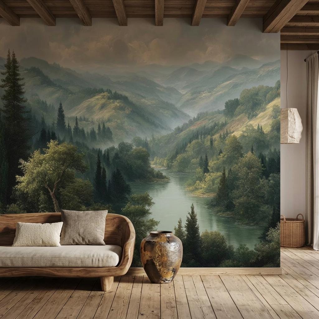 Vintage Mountain Landscape Wall Mural, Misty Forest River Wallpaper, Peel and Stick Nature Scenery-WP0221