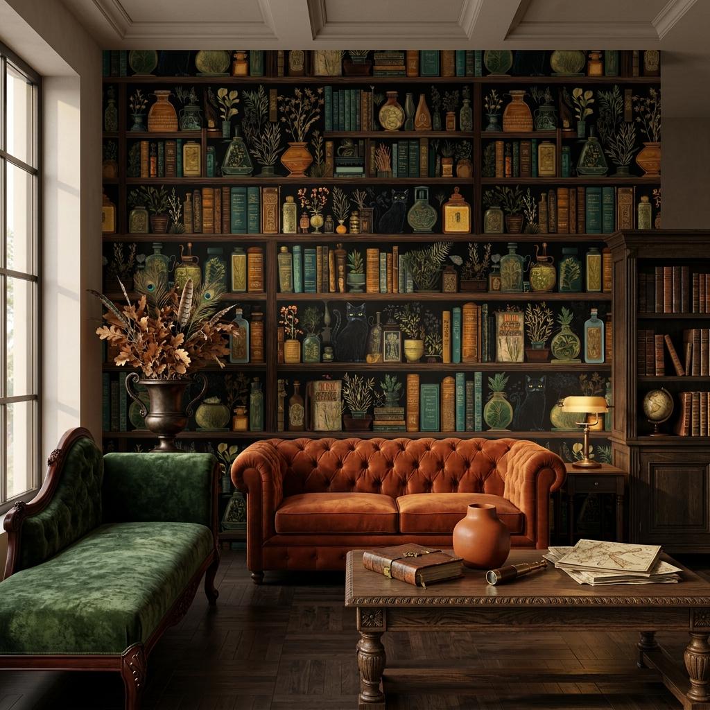 Dark Academia Bookshelf Wallpaper – Black Cats, Apothecary Library Mural-WP0122