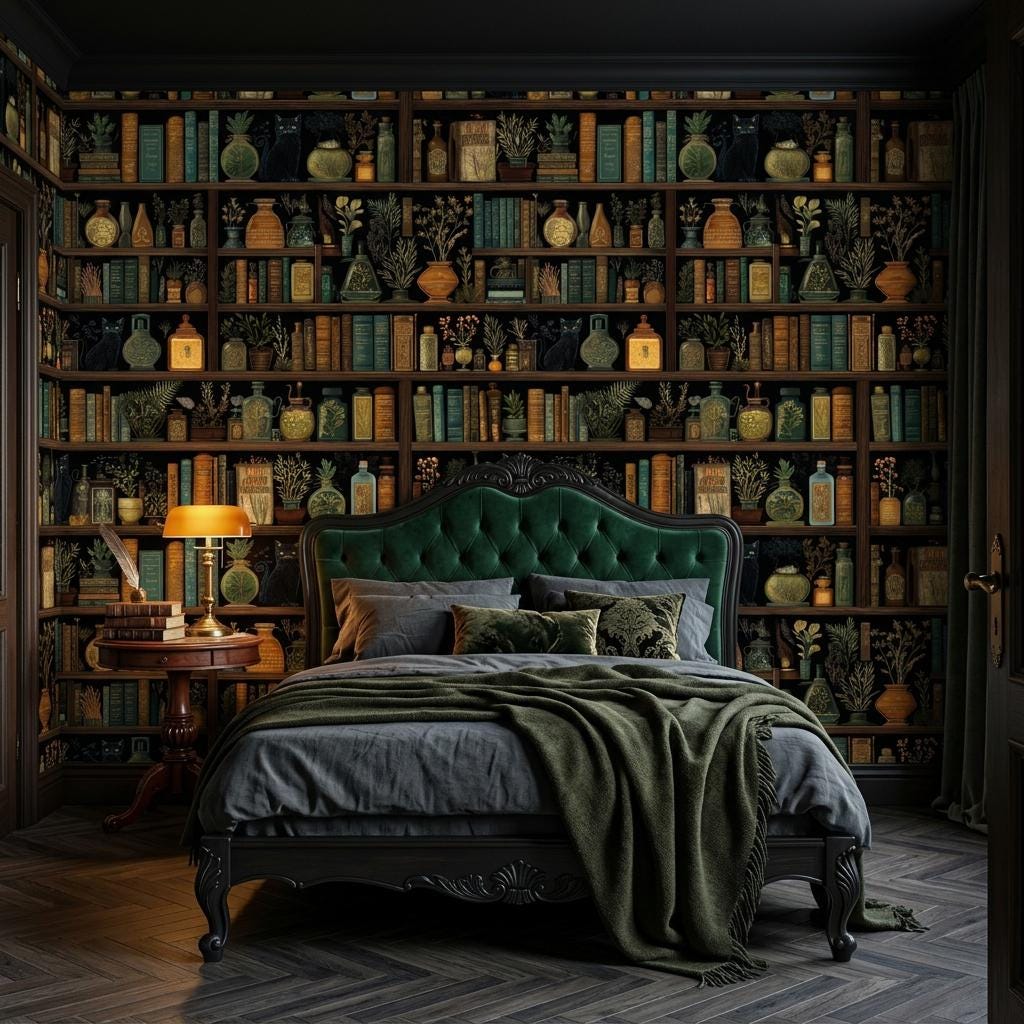 Dark Academia Bookshelf Wallpaper – Black Cats, Apothecary Library Mural-WP0122