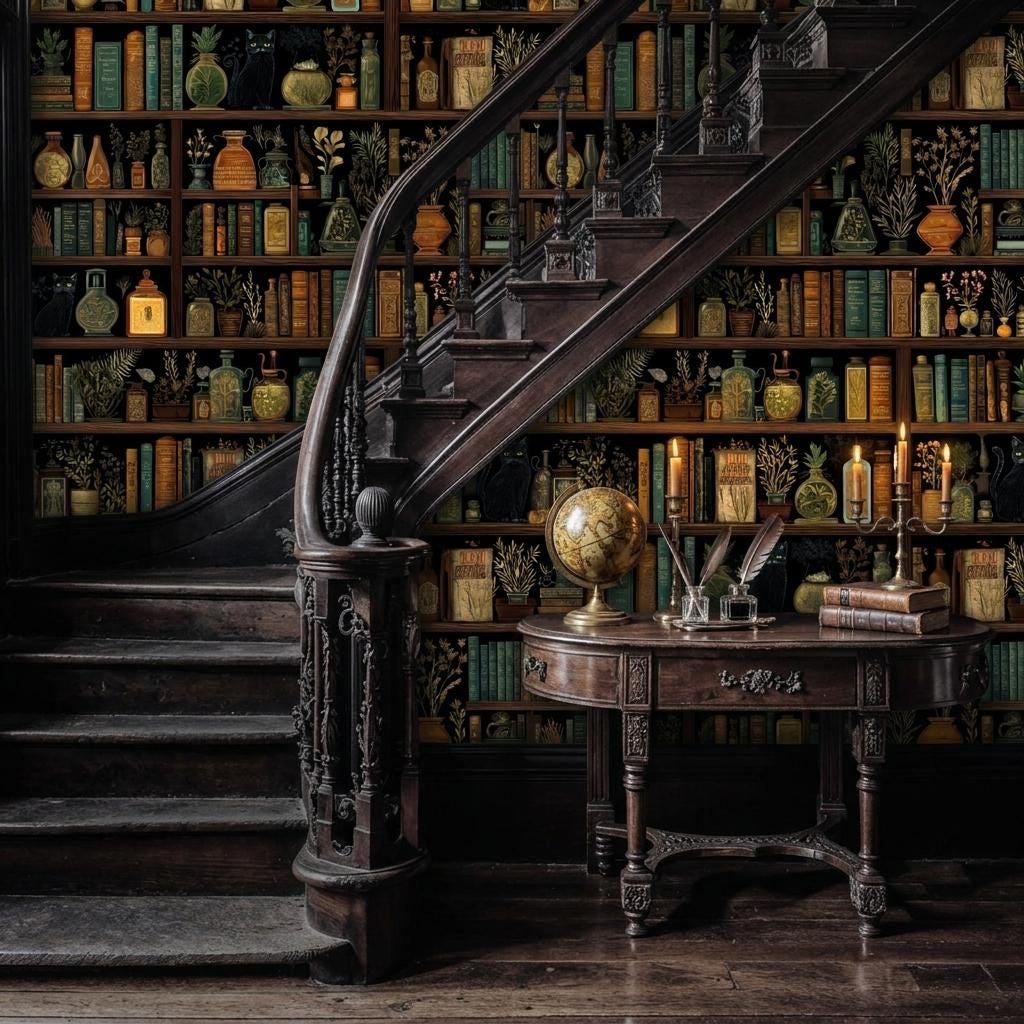 Dark Academia Bookshelf Wallpaper – Black Cats, Apothecary Library Mural-WP0122