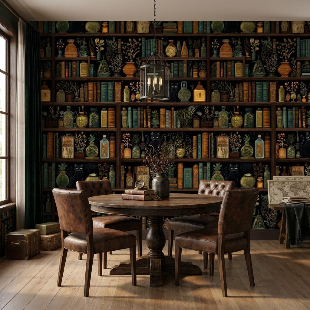 Dark Academia Bookshelf Wallpaper – Black Cats, Apothecary Library Mural-WP0122