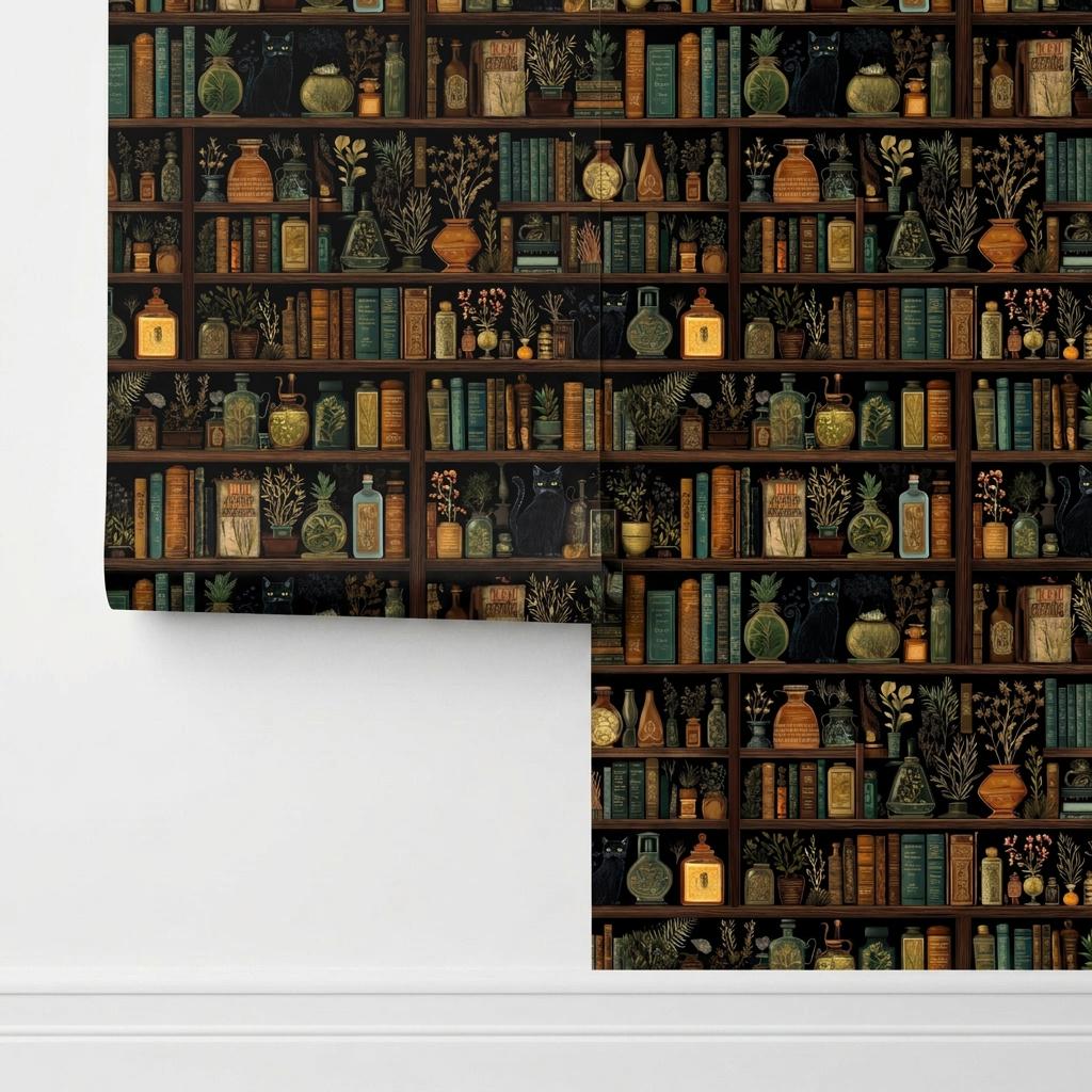 Dark Academia Bookshelf Wallpaper – Black Cats, Apothecary Library Mural-WP0122