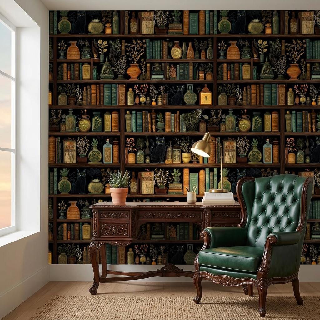 Dark Academia Bookshelf Wallpaper – Black Cats, Apothecary Library Mural-WP0122
