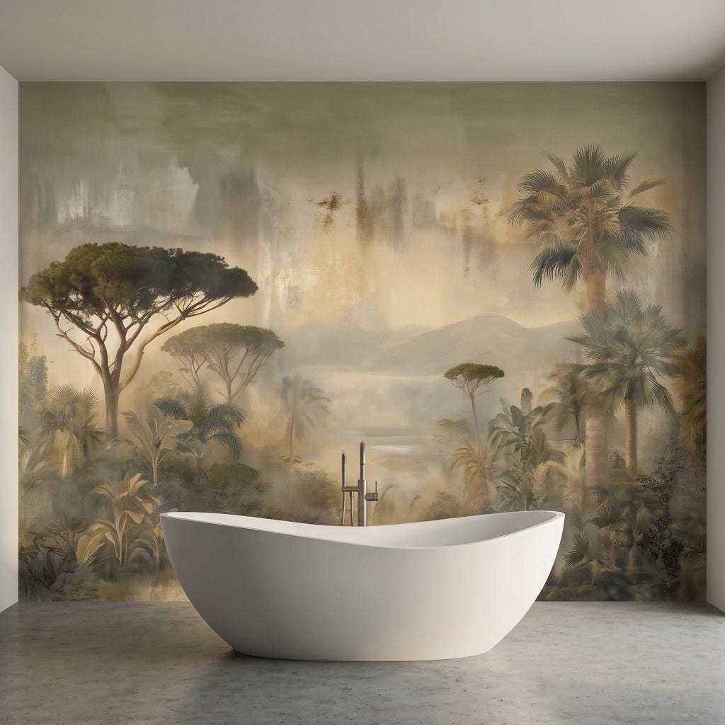 Vintage Tropical Forest Wallpaper, Misty Jungle Landscape Wall Mural-WP0223