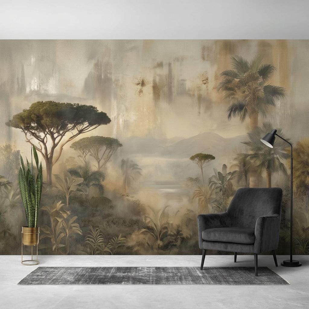 Vintage Tropical Forest Wallpaper, Misty Jungle Landscape Wall Mural-WP0223