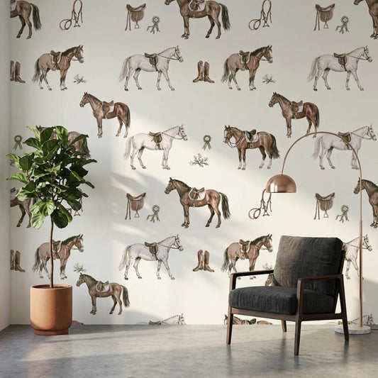 Vintage Watercolor Horse Wallpaper, Equestrian Theme, Western Nursery Mural Peel and Stick-WP0224