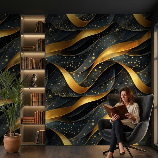 Abstract Gold Waves Wallpaper, Dark Art Deco Wall Mural, Luxury Bedroom Decor-WP0226
