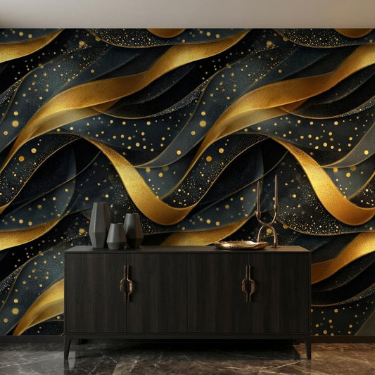 Abstract Gold Waves Wallpaper, Dark Art Deco Wall Mural, Luxury Bedroom Decor-WP0226