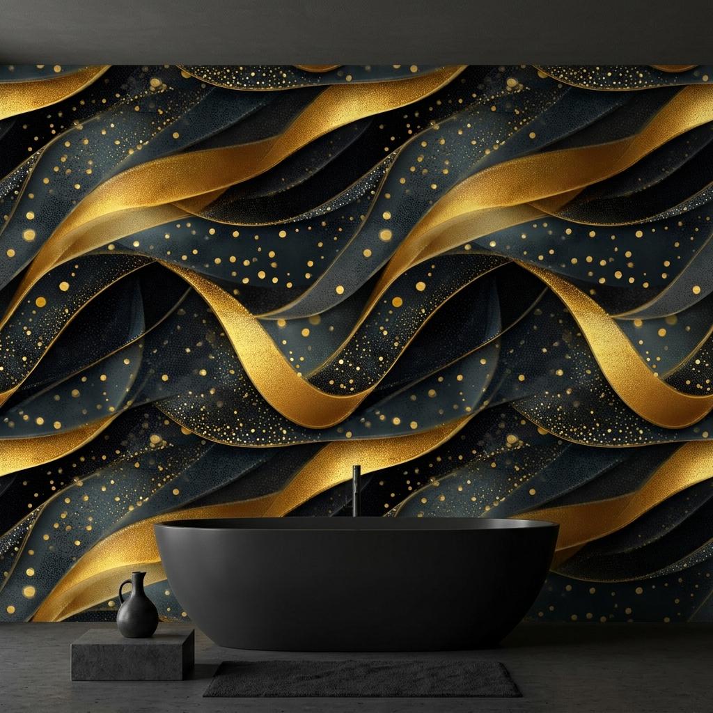 Abstract Gold Waves Wallpaper, Dark Art Deco Wall Mural, Luxury Bedroom Decor-WP0226