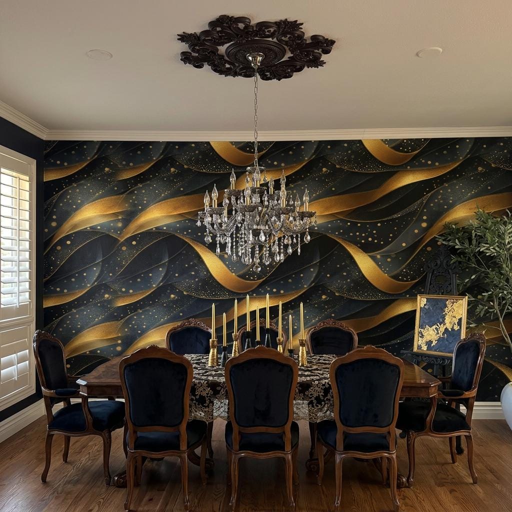 Abstract Gold Waves Wallpaper, Dark Art Deco Wall Mural, Luxury Bedroom Decor-WP0226