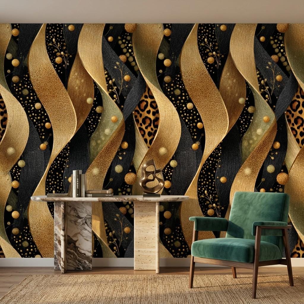 Abstract Gold Leopard Wave Wallpaper, Modern Art Deco Wall Mural, Textured Glam Home Decor-WP0228