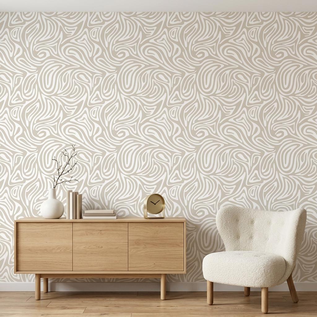 Abstract Wavy Line Wallpaper, Minimalist Organic Wall Mural, Japandi Boho Decor Removable Wall Decal-WP0229