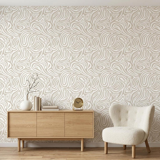 Abstract Wavy Line Wallpaper, Minimalist Organic Wall Mural, Japandi Boho Decor Removable Wall Decal-WP0229