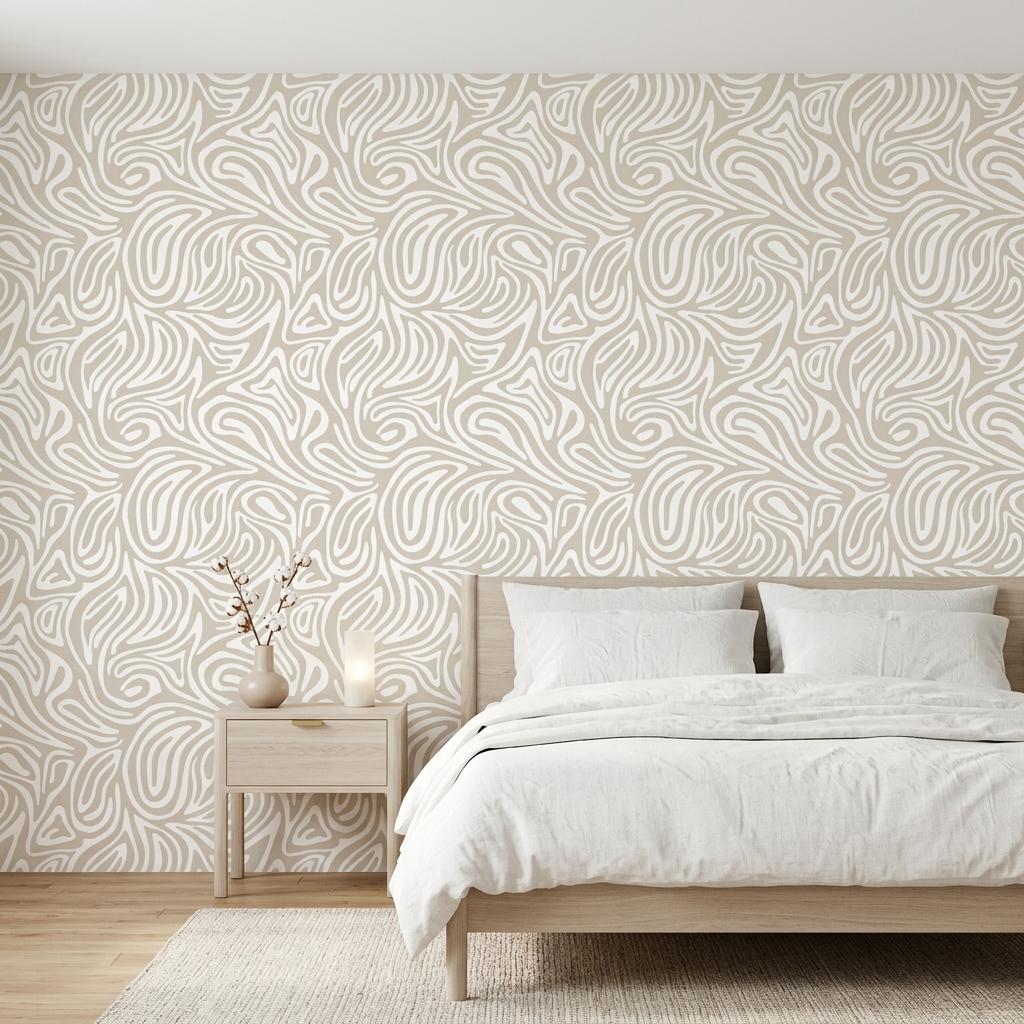 Abstract Wavy Line Wallpaper, Minimalist Organic Wall Mural, Japandi Boho Decor Removable Wall Decal-WP0229