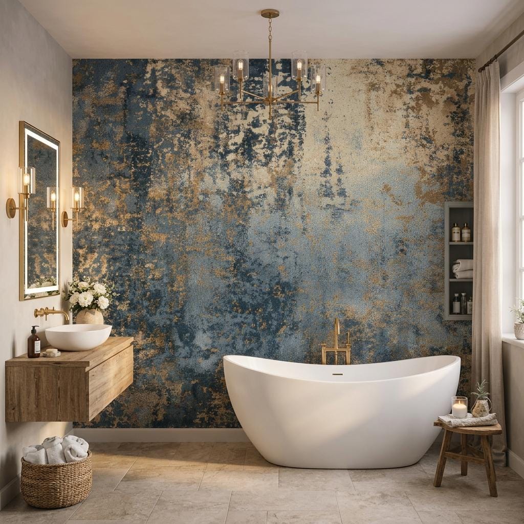Abstract Blue Industrial Wallpaper, Distressed Gold Texture Wall Mural, Modern Living Room Decor-WP0230