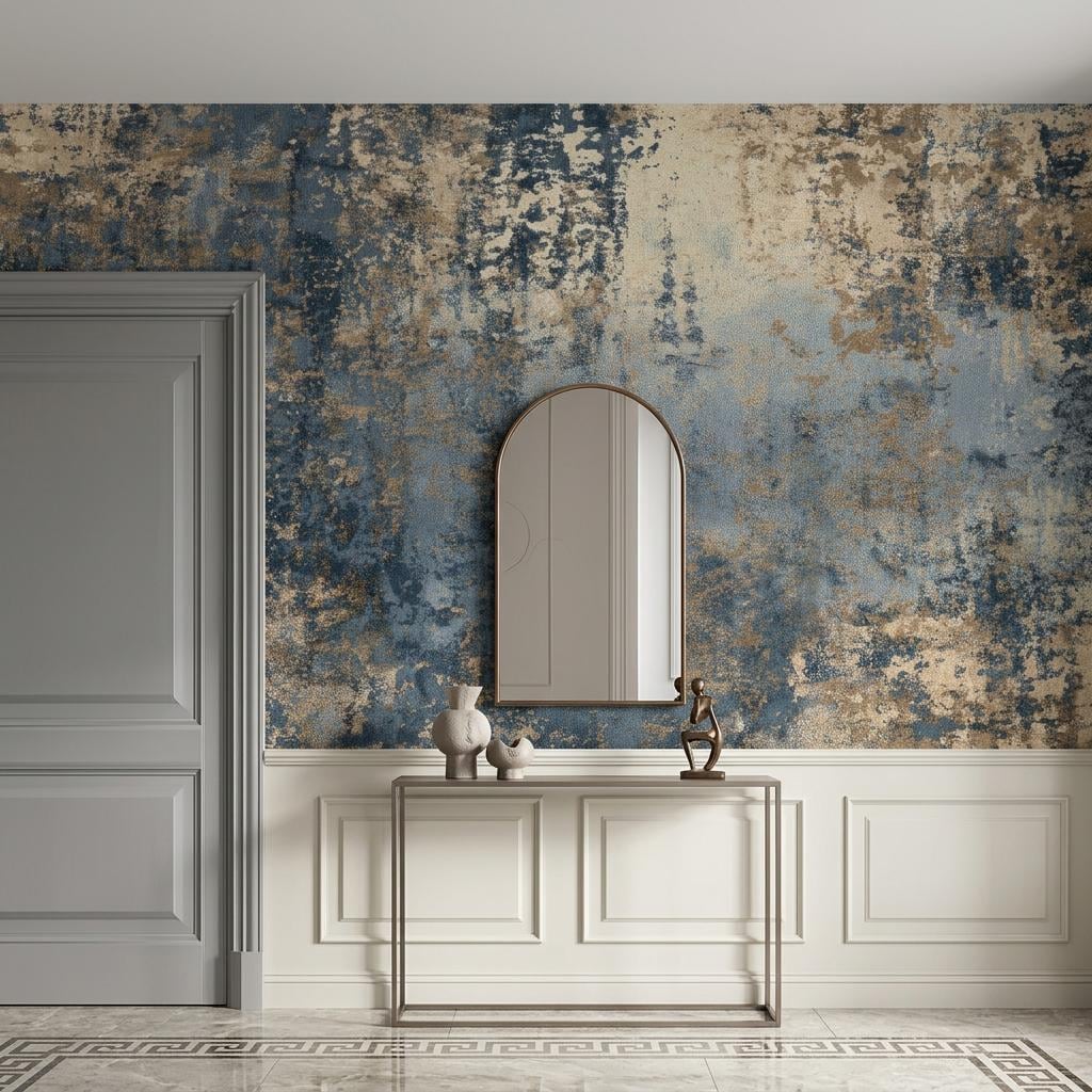 Abstract Blue Industrial Wallpaper, Distressed Gold Texture Wall Mural, Modern Living Room Decor-WP0230