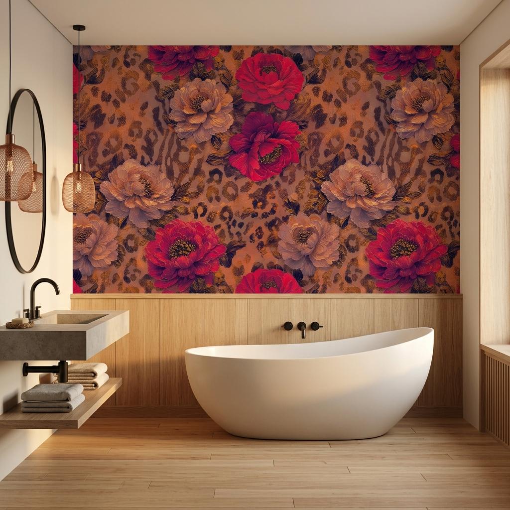 Floral Leopard Print Wallpaper, Removable Peony Accent Wall Mural, Boho Peel Stick Home Decor-WP0231