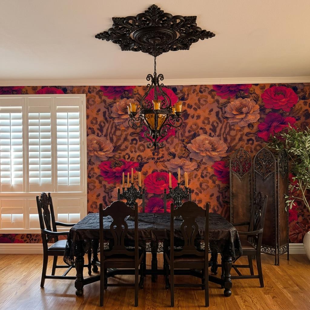 Floral Leopard Print Wallpaper, Removable Peony Accent Wall Mural, Boho Peel Stick Home Decor-WP0231