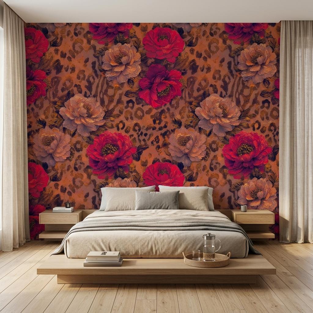 Floral Leopard Print Wallpaper, Removable Peony Accent Wall Mural, Boho Peel Stick Home Decor-WP0231