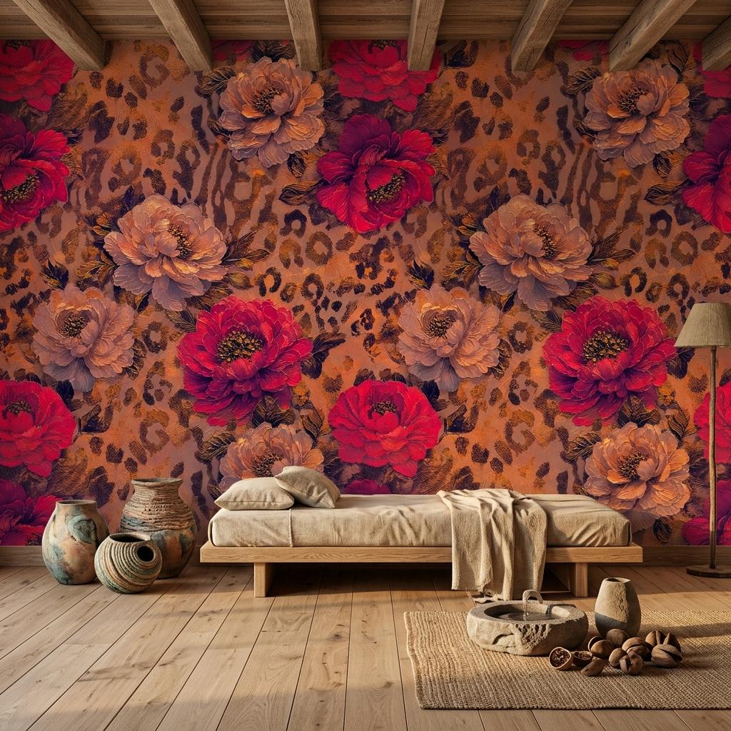 Floral Leopard Print Wallpaper, Removable Peony Accent Wall Mural, Boho Peel Stick Home Decor-WP0231