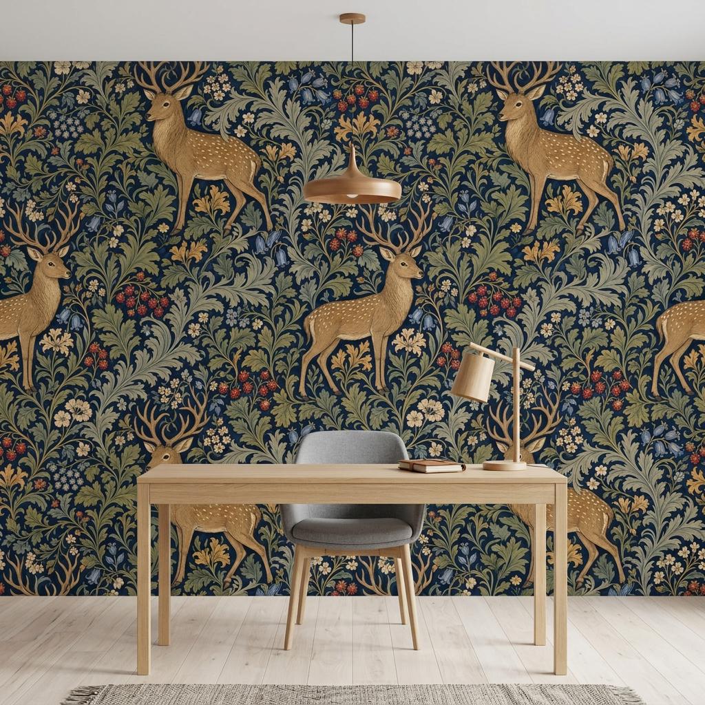 Woodland Deer Wallpaper, Navy Botanical Wall Mural,Peel Stick Home Decor-WP0234