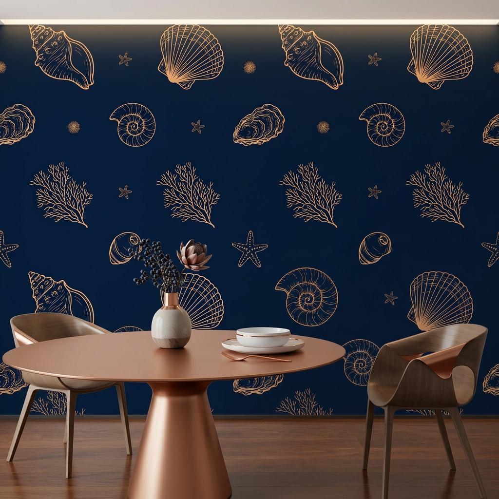 Navy Gold Seashell Wallpaper, Coastal Wall Mural,Peel Stick Home Decor-WP0235