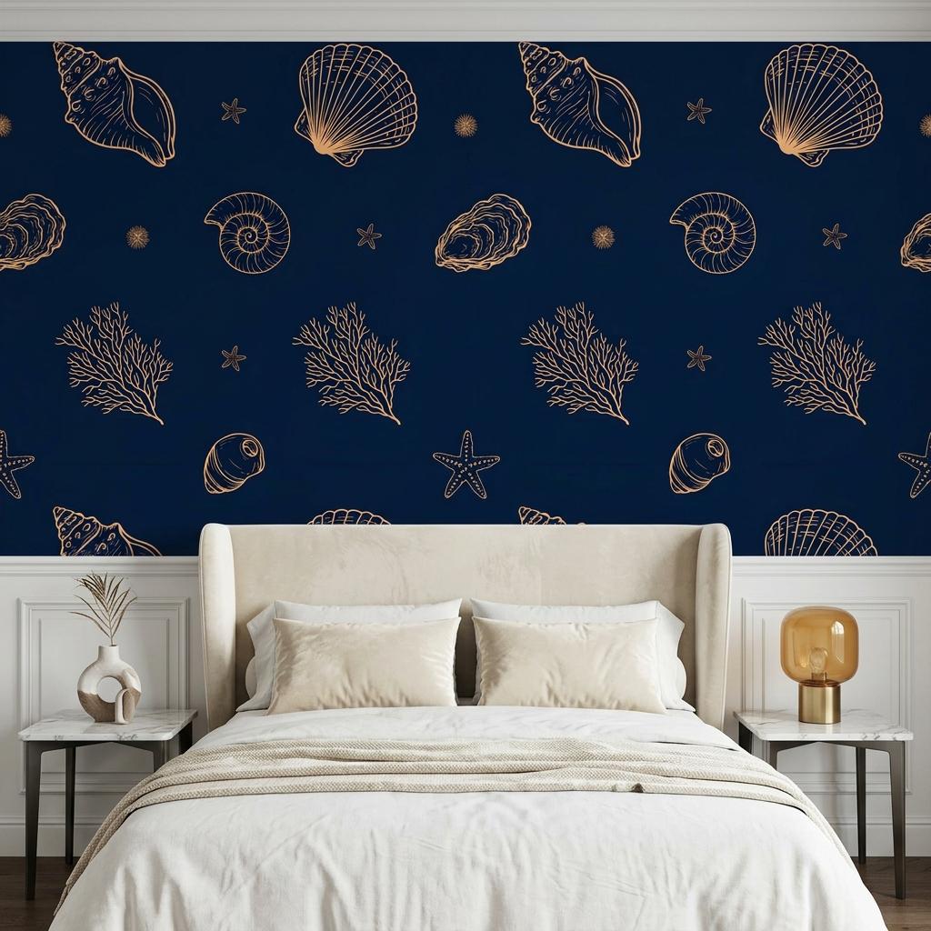 Navy Gold Seashell Wallpaper, Coastal Wall Mural,Peel Stick Home Decor-WP0235