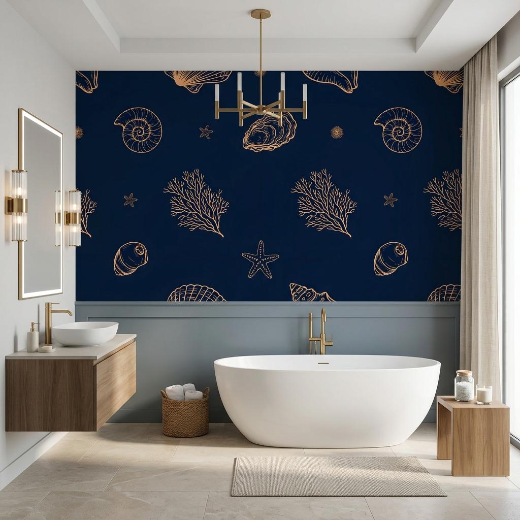 Navy Gold Seashell Wallpaper, Coastal Wall Mural,Peel Stick Home Decor-WP0235
