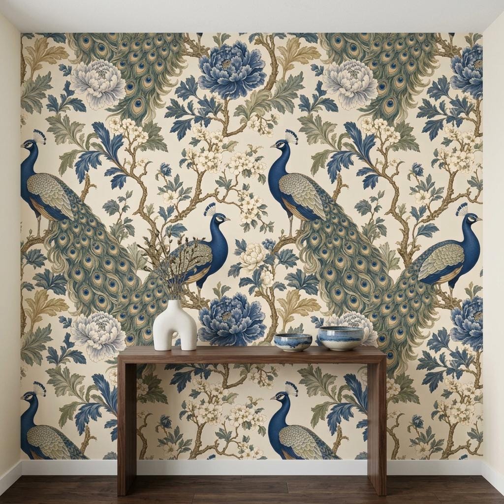 Chinoiserie Peacock Floral Wallpaper, Vintage Peony Mural-WP0236