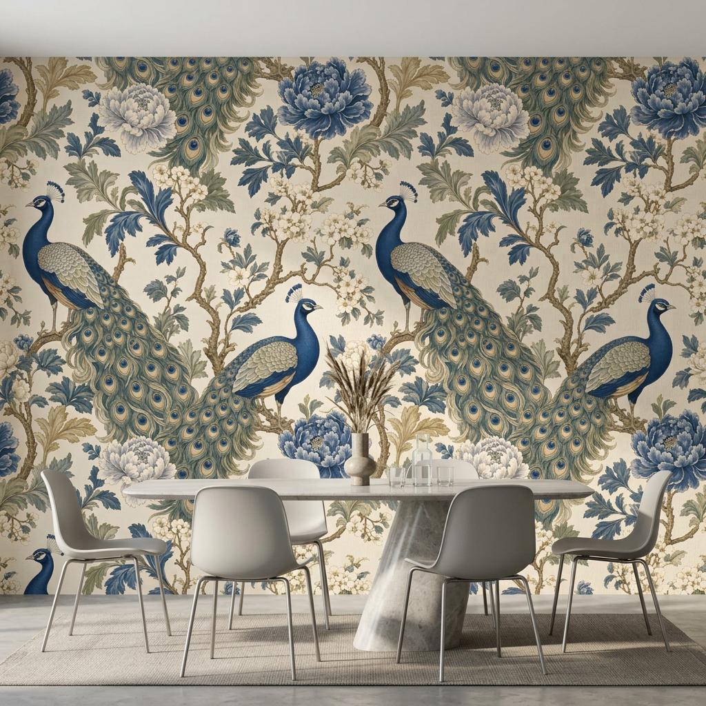 Chinoiserie Peacock Floral Wallpaper, Vintage Peony Mural-WP0236