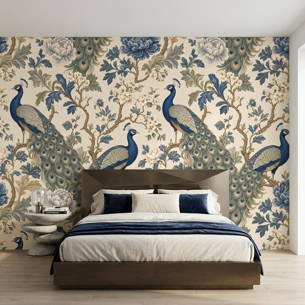 Chinoiserie Peacock Floral Wallpaper, Vintage Peony Mural-WP0236
