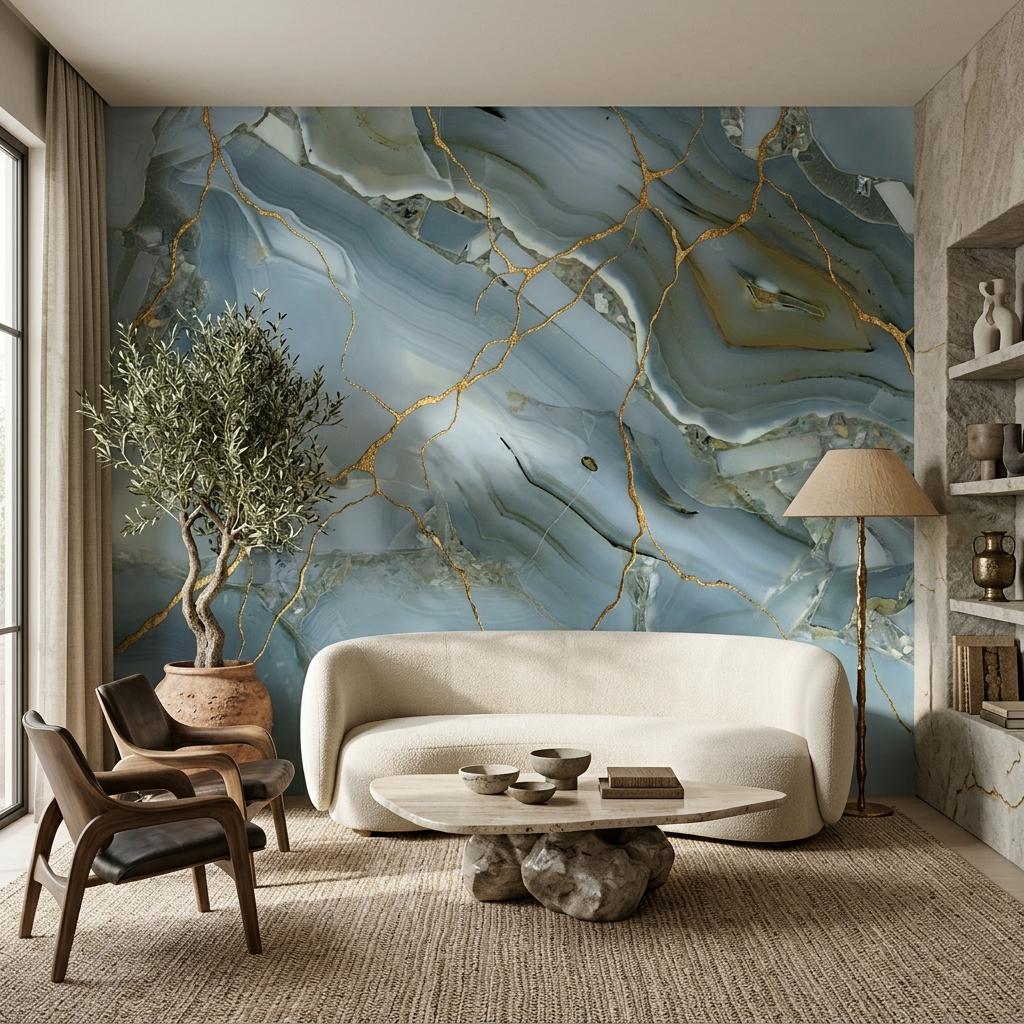 Blue Agate Stone Wall Mural, Abstract Geode Marble Decor-WP0238