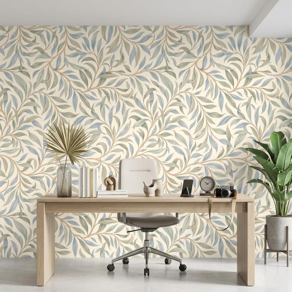 William Morris Style Willow Leaf Wallpaper, Sage Green Botanical Mural-WP0239