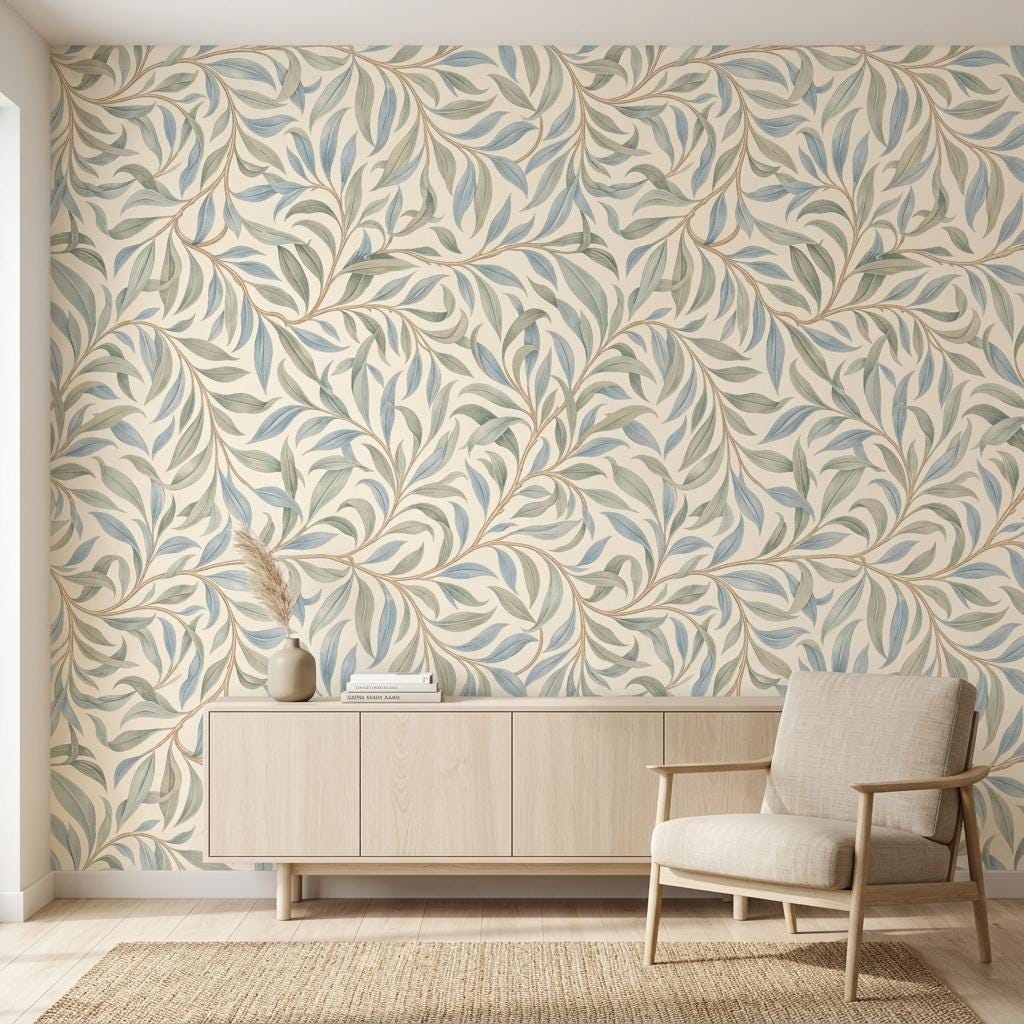 William Morris Style Willow Leaf Wallpaper, Sage Green Botanical Mural-WP0239