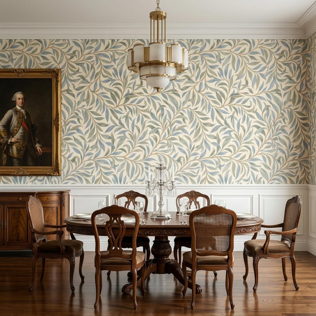 William Morris Style Willow Leaf Wallpaper, Sage Green Botanical Mural-WP0239