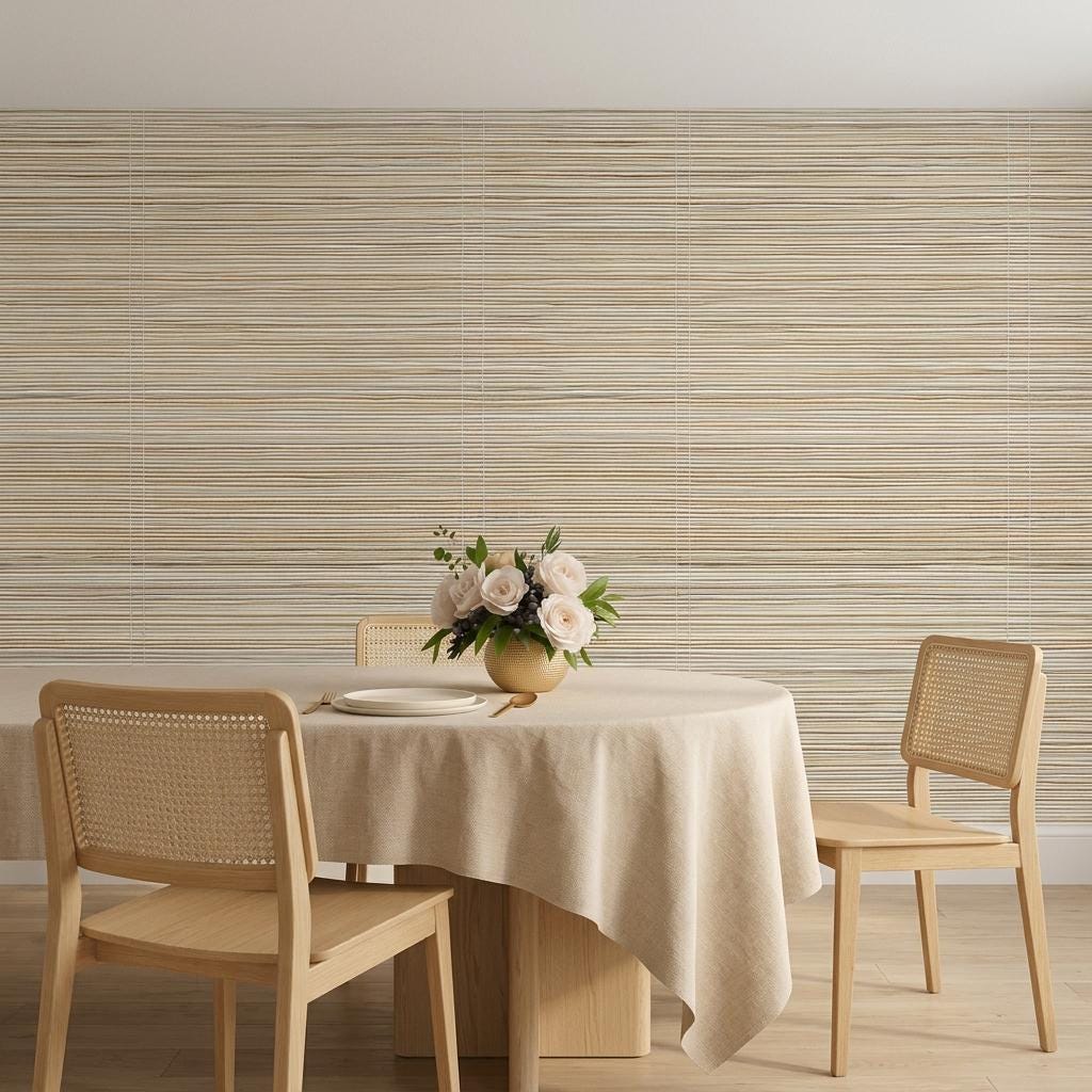 Natural Grasscloth Horizontal Textured Wallpaper, Faux Woven Japandi Wall Covering-WP0206