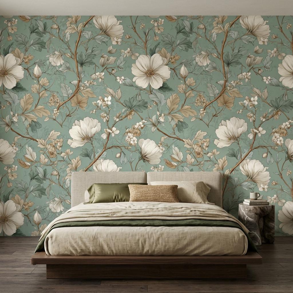 Sage Green Vintage Floral Chinoiserie Wallpaper Mural, Elegant Botanical Wall Decor Peel and Stick-WP0207