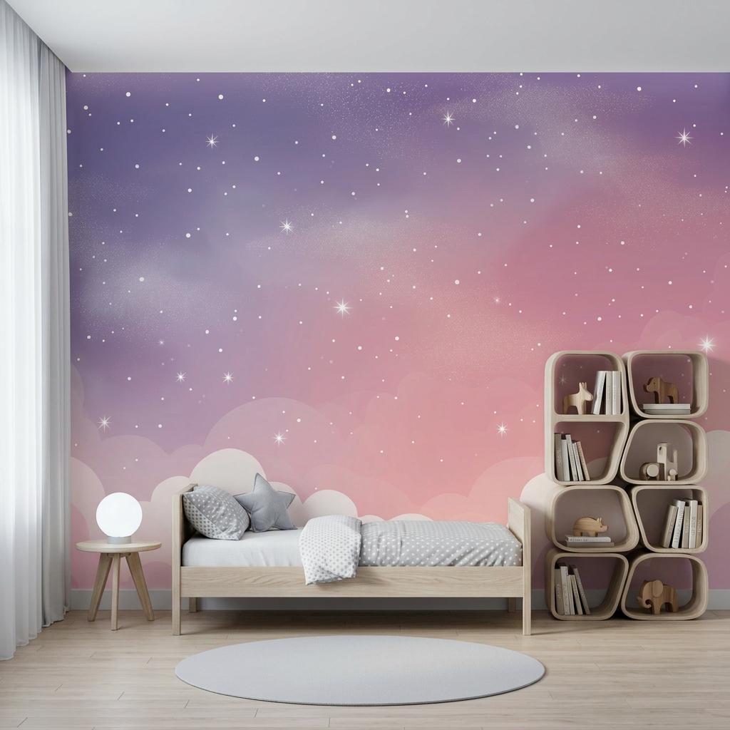 Celestial Galaxy Cloud Wallpaper Mural, Purple Pink Night Sky, Dreamy Nursery Decor -WP0208