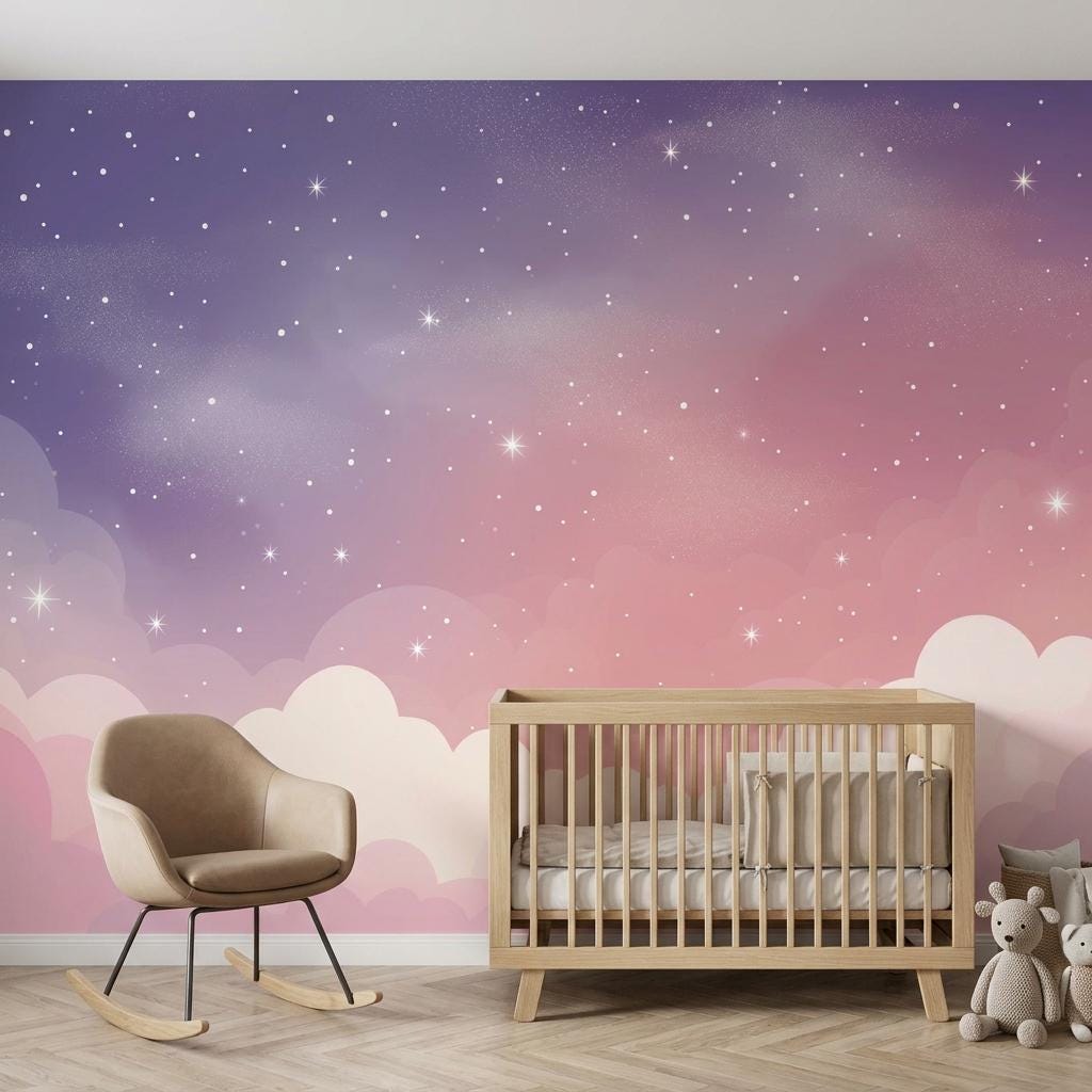 Celestial Galaxy Cloud Wallpaper Mural, Purple Pink Night Sky, Dreamy Nursery Decor -WP0208