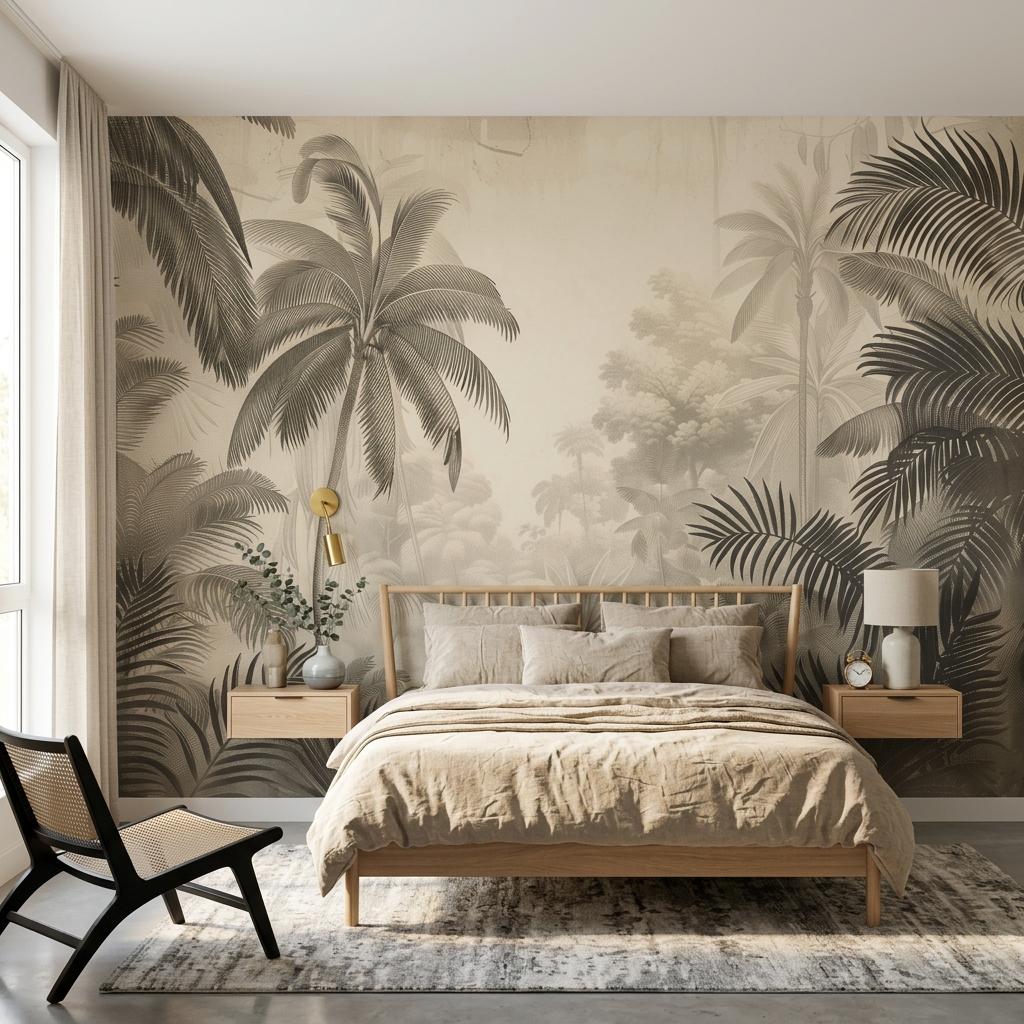 Vintage Tropical Palm Tree Mural, Sepia Jungle Landscape Wall Art, Botanical Engraving Style-WP0209