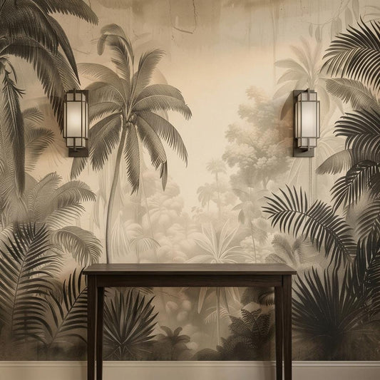 Vintage Tropical Palm Tree Mural, Sepia Jungle Landscape Wall Art, Botanical Engraving Style-WP0209