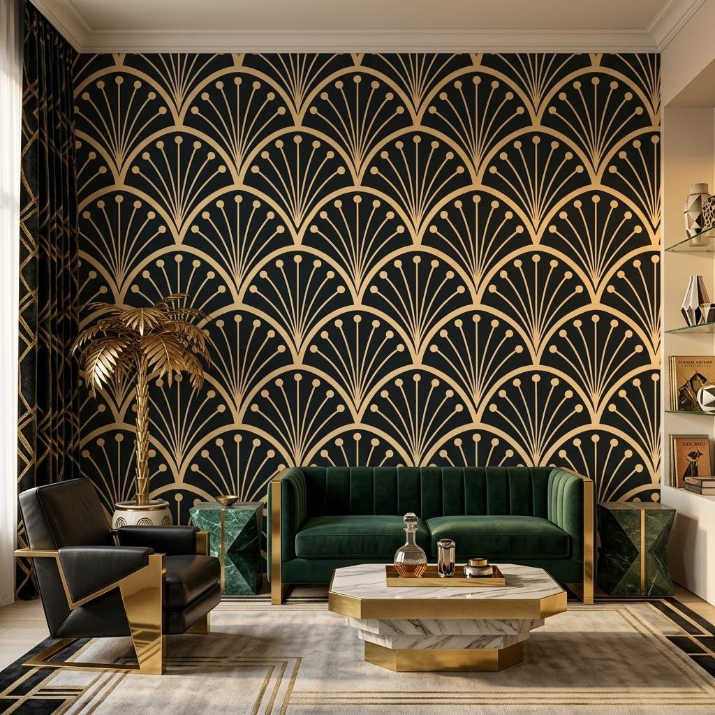Art Deco Gold Fan Wallpaper, Gatsby Glam Wall Mural-WP0240