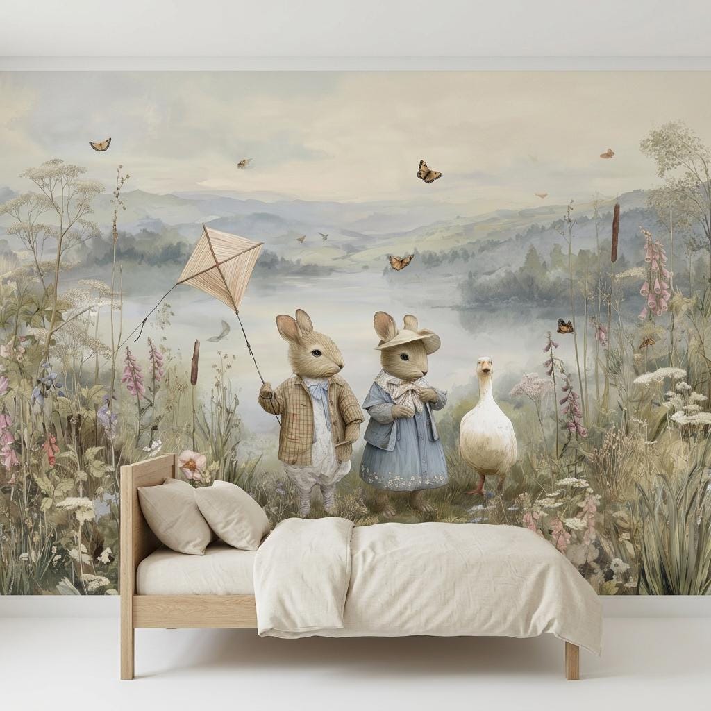 Vintage Storybook Rabbit Mural, Woodland Nursery Wall Art, Watercolor Lake Scene-WP0210