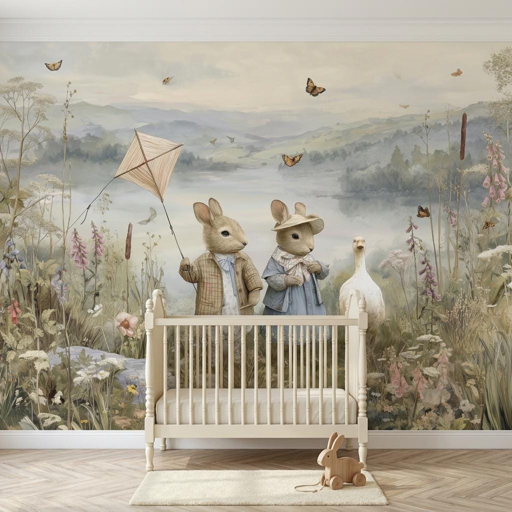 Vintage Storybook Rabbit Mural, Woodland Nursery Wall Art, Watercolor Lake Scene-WP0210