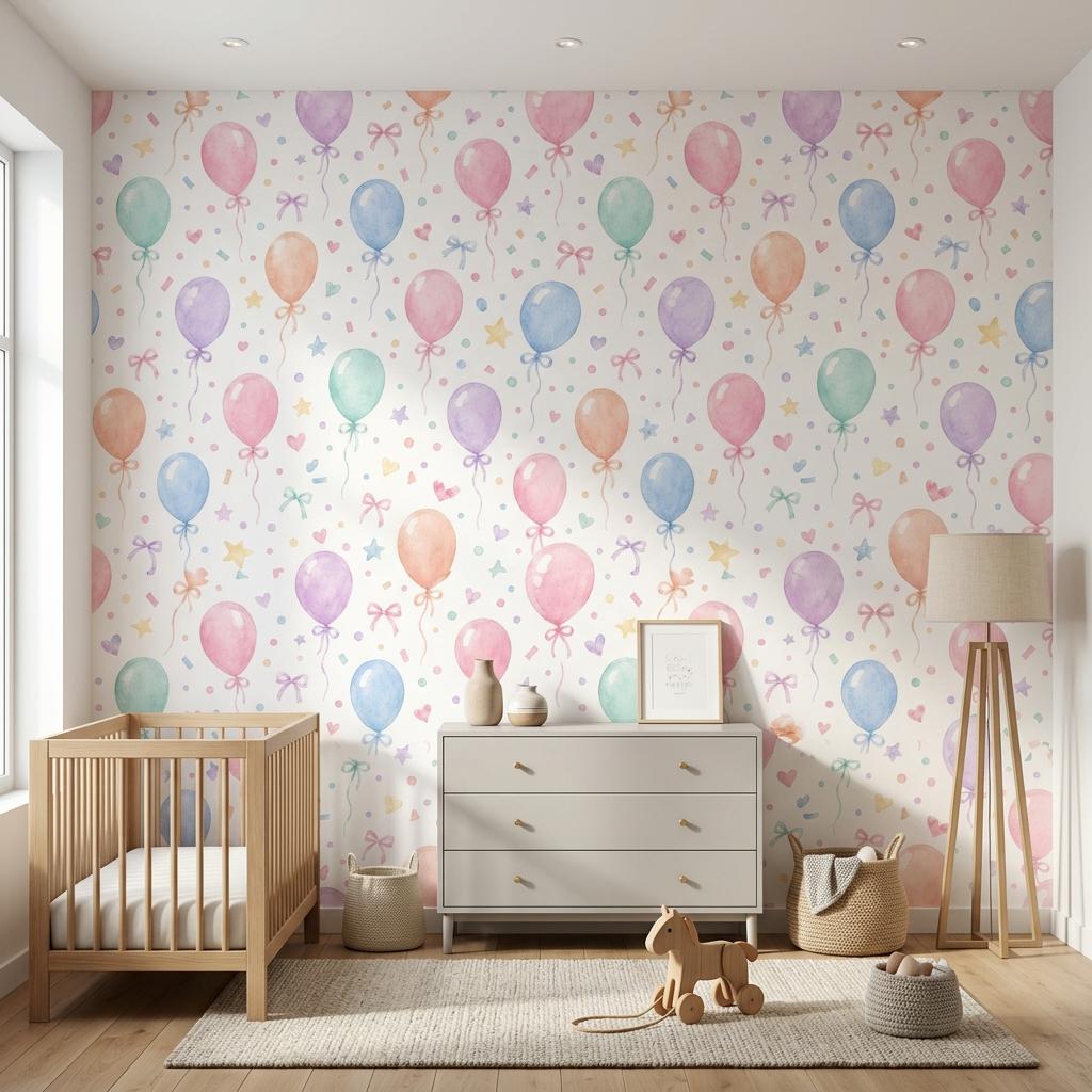 Watercolor Pastel Balloons Nursery Wallpaper, Whimsical Kids Room Mural Peel and Stick-WP0211