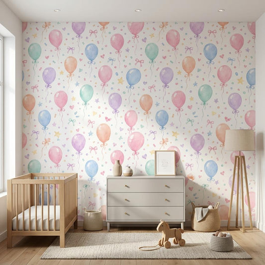 Watercolor Pastel Balloons Nursery Wallpaper, Whimsical Kids Room Mural Peel and Stick-WP0211