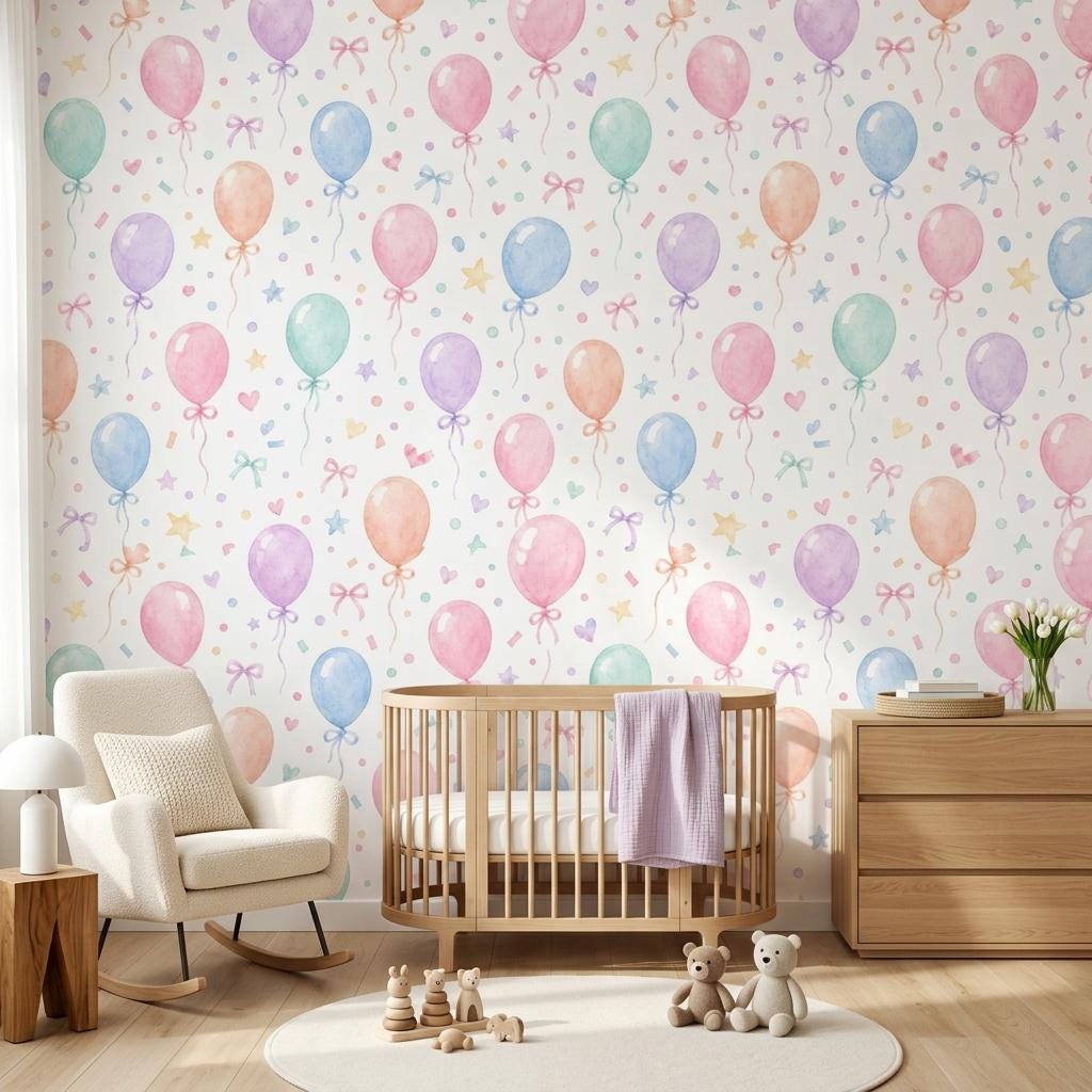 Watercolor Pastel Balloons Nursery Wallpaper, Whimsical Kids Room Mural Peel and Stick-WP0211