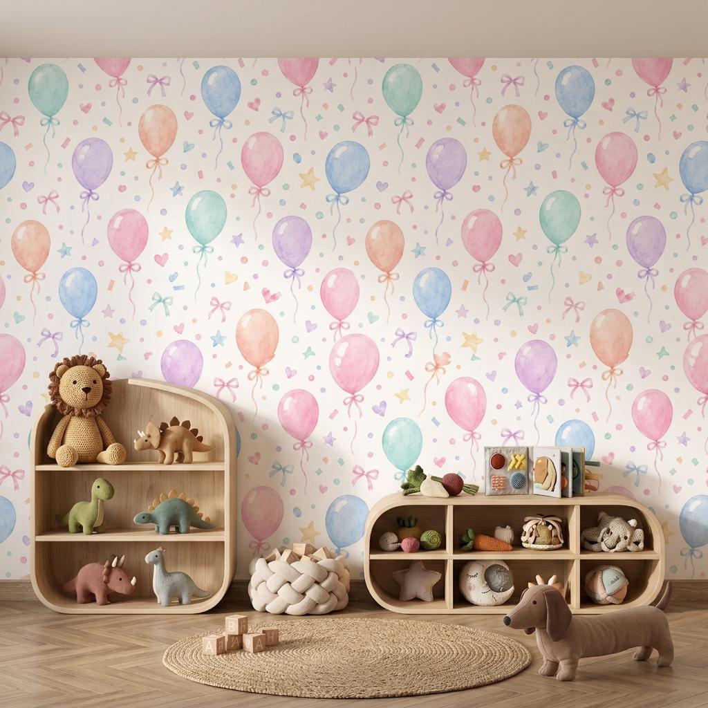 Watercolor Pastel Balloons Nursery Wallpaper, Whimsical Kids Room Mural Peel and Stick-WP0211